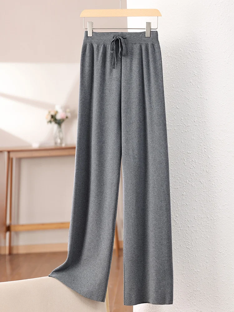 Calça feminina de malha de cintura alta com pernas largas, elástica, quente, corte reto, tamanho pequeno, comprimento até o chão, camada de base...