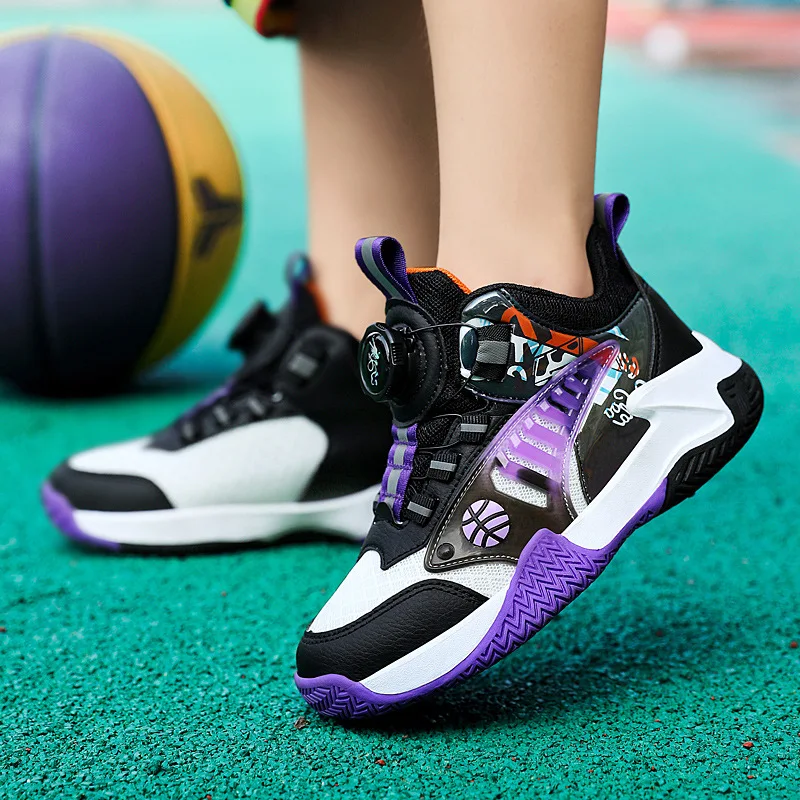 

Children's Basketball Shoes 2024 Summer New Mesh Breathable Sports Shoes Big Children's Rotary Buckle Anti-Slip Running Shoes