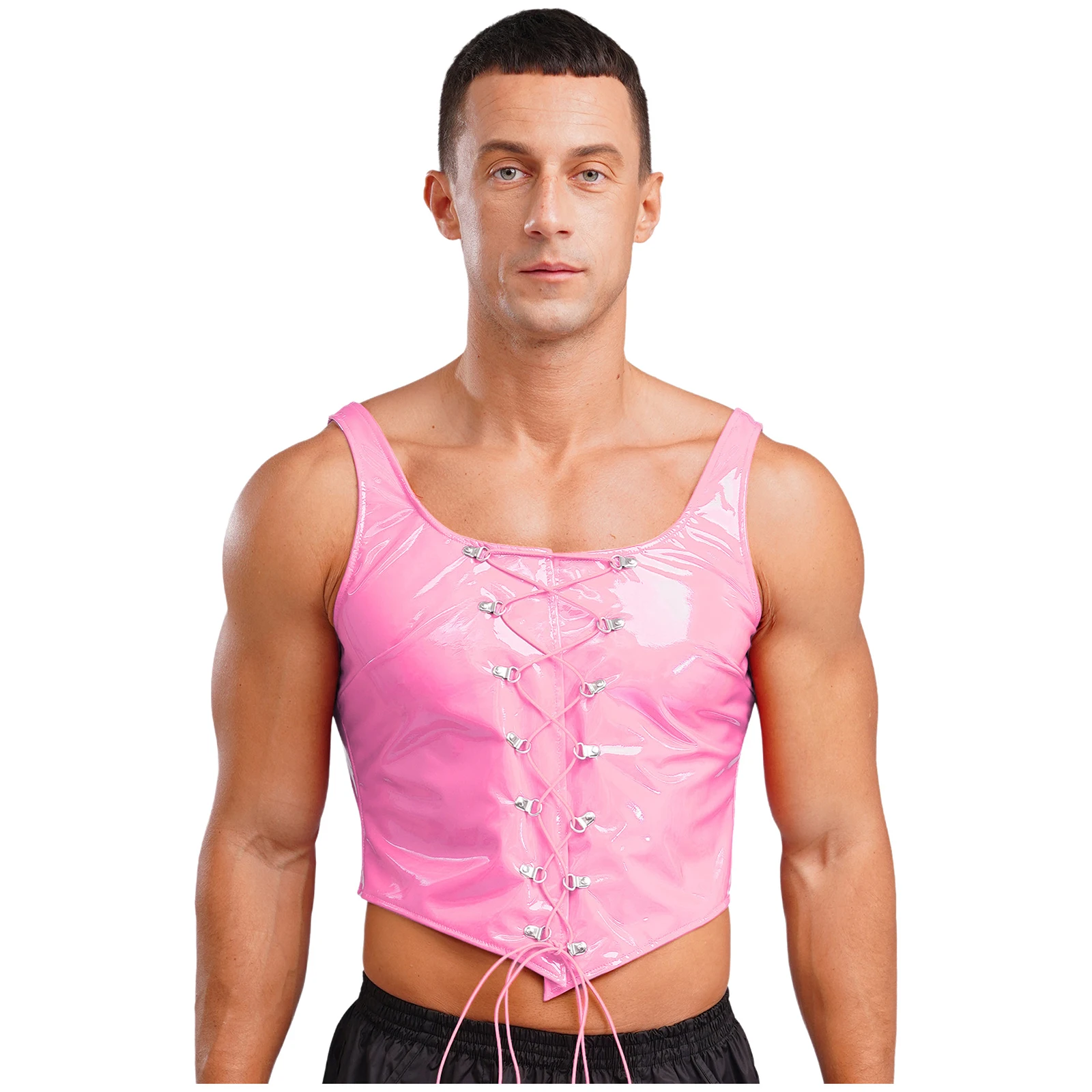 

Gays Sexy Pink Patent Leather Vest Top Showing Muscle Sleeveless Lace-up Vest Tops for Cross Dress Men's Party Night Club Wear
