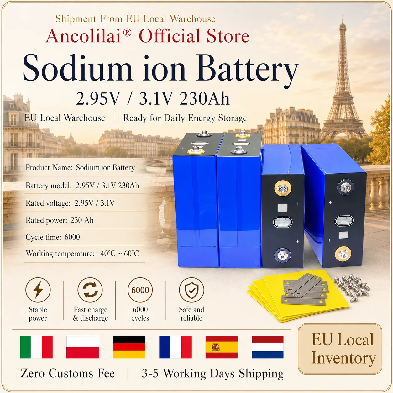 Batterie à ions sodium 230Ah, cellule rechargeable 2.95V, batterie de stockage d'énergie haute capacité, longue durée de vie, alimentation de secours solaire pour camping-car, stock UE