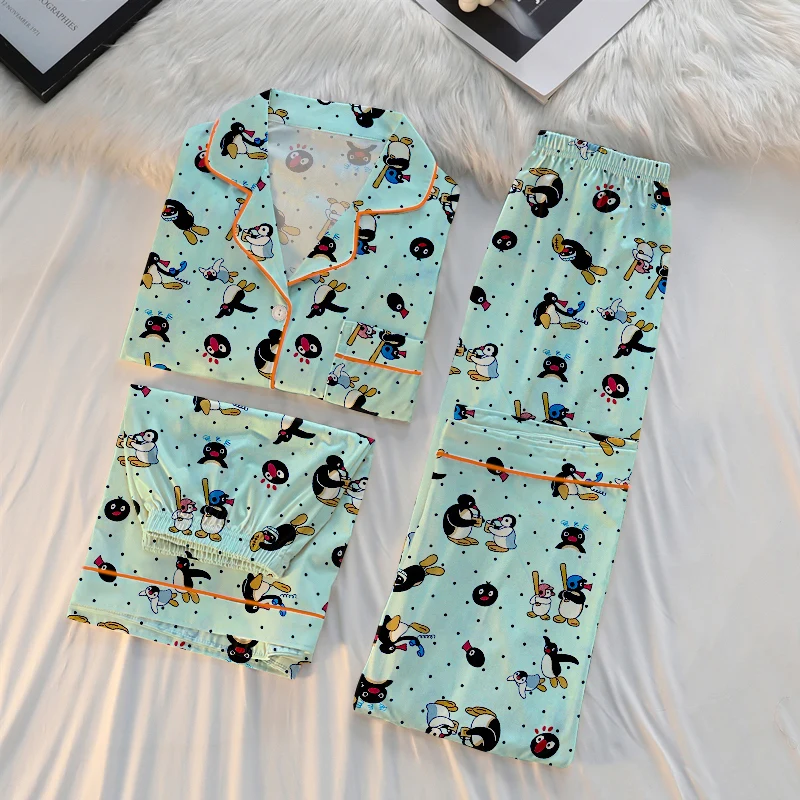 Kawaii Cute Cartoon Little Penguin Print Women\'s 3pcs Pajamas Korean Y2k Milk Silk Homewear 2024 New Fall/winter Lady Sleepwear