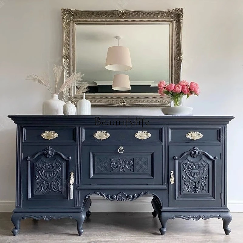 04*Nordic French retro old solid wood dining edge antique tableware entrance cabinet