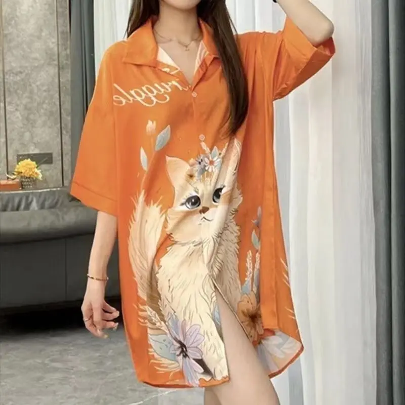 Cartoon cat print Ice silk nightdress women's summer thin short sleeve loose shirt shorts pajamas women's two sets of home wear