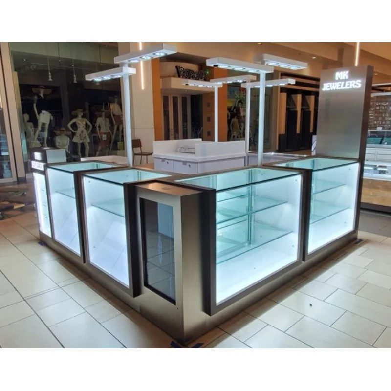 

Customized. modern mall kiosk jewelry glass jewellery display cabinet with LED light luxury jewelry kiosk mall