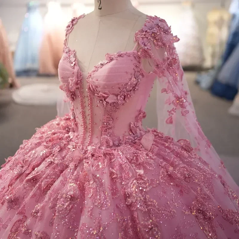 Brilhante rosa vestido de baile bonito miçangas querida fora do ombro quinceanera capa vestido rendas até princesa com vestidos de 15 anos