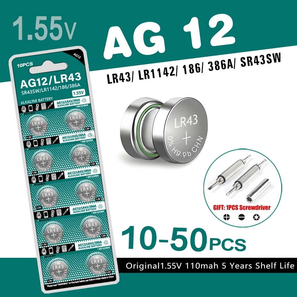 10-50PCS New AG12 LR43 1.55V Lithium Batteries 301 386 L1142 Environmental Protection Button Battery for Watch Battery Remote