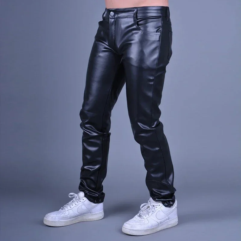 Men's Sexy Exotic Open Crotch Matte Leather Pants with Pocket Male Stretch PU Slim Trousers Motorcycle Pants Custom Clubwear New