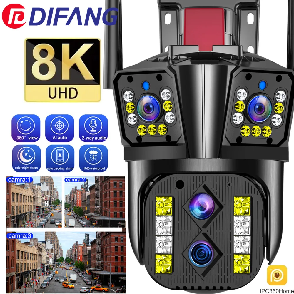 8K 10X Optical Zoom WIFI Camera  Outdoor 16MP Automatic Tracking PTZ Four Lens Three Screen Waterproof Security Camera IP CCTV