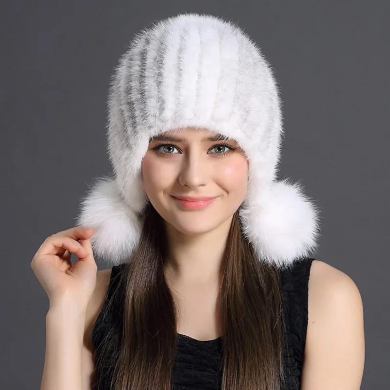 

Mink Fur Grass Woven Hat Mink Fur Lady Fox Fur Ball Winter Warm Ear Protection Hat