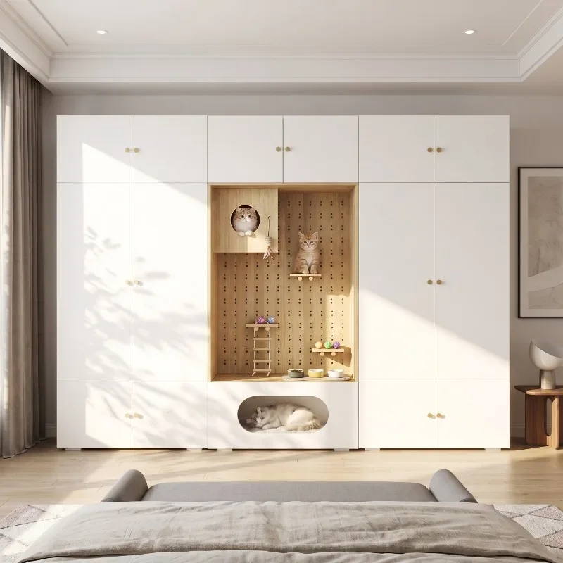 Armadio appendiabiti con finitura effetto legno bianco e parete per arrampicata gatti, 270x50x200 cm, con asta appendiabiti, contenitore per camera da letto e corridoio
