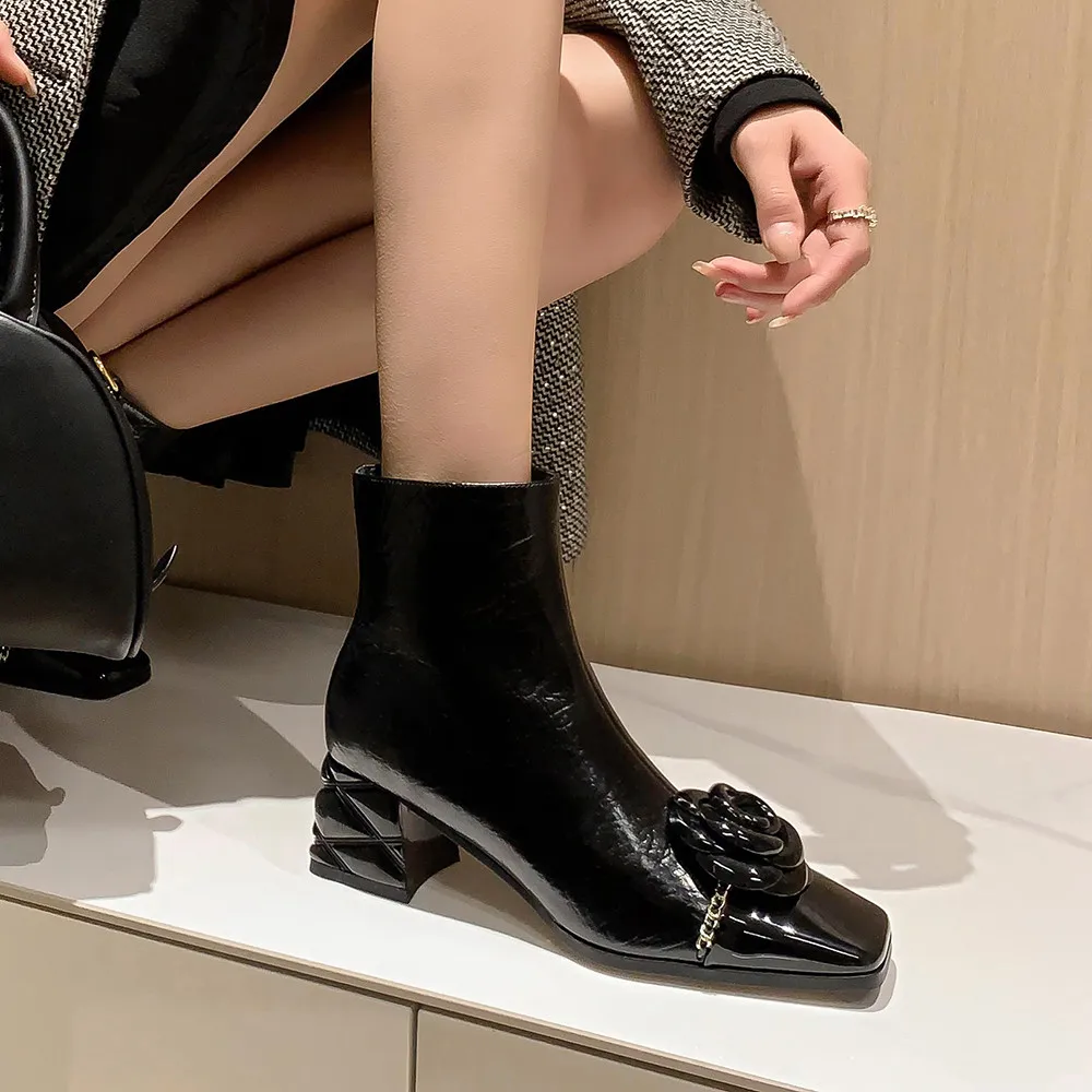 MILI-MIYA Fashion Women Autumn Winter Flower Metal Chain Squared Toes Ankle Boots Low Heels Genuine Leather Party Dancing Shoes