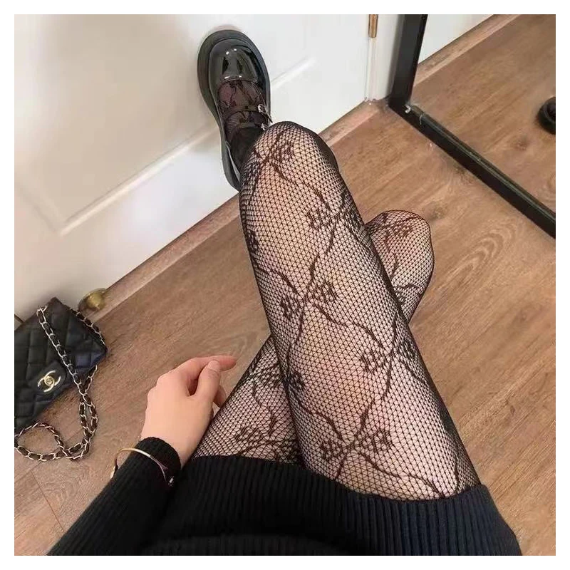 Frau sexy Strümpfe schwarz weiß lolita niedlichen Blumen buchstaben jk Netz strumpfhosen dünne lange Socken für Frauen japanische Mode