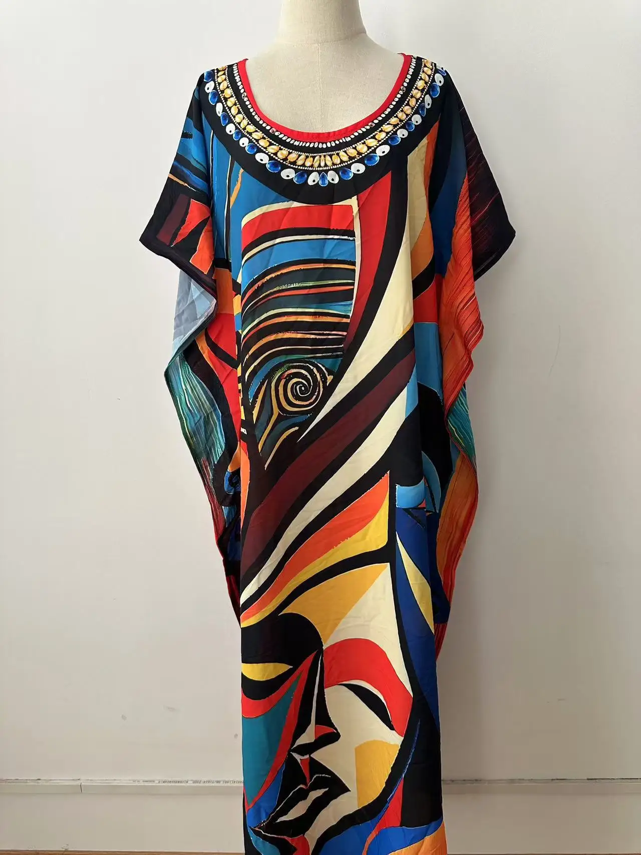 レディース Vネック バットウィングスリーブ カフタン ドレス 軽量 ビーチウェア 水着カバーアップ ムームー トロピカルバケーション用