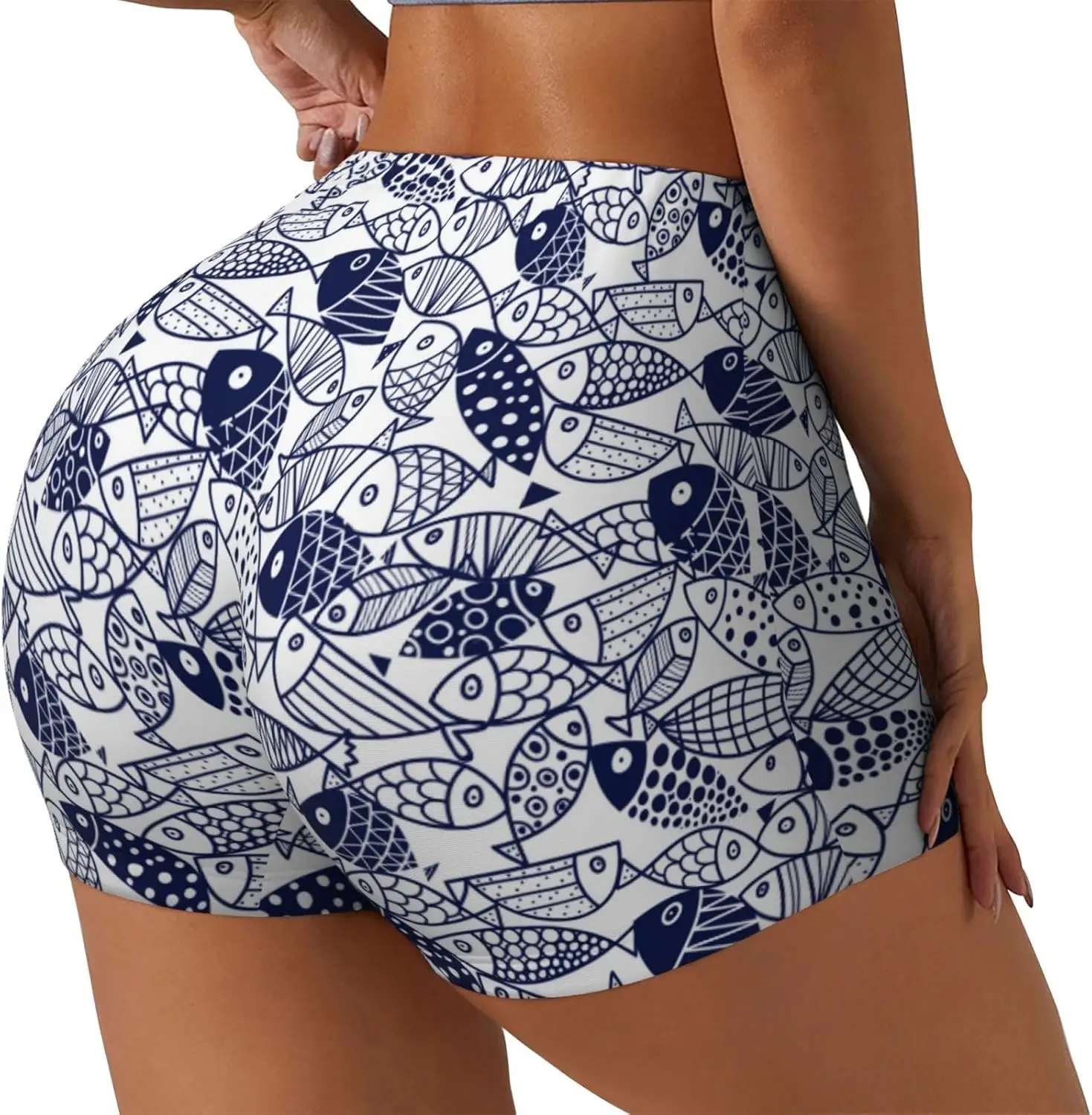 Blue Fish1 طباعة السراويل للنساء البطن التحكم عالية ممارسة تجريب بعقب رفع الجوارب النسائية السراويل القصيرة #2