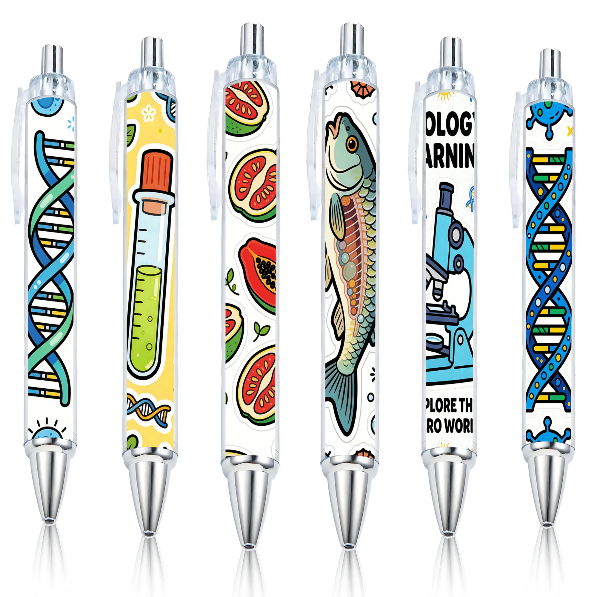 

6pcs Biology Theme Press Ballpoint Pen Spiral DNA, Microscope, Test Tube, Fish, Fruit Dissecting Picture Student Ballpoint Pen