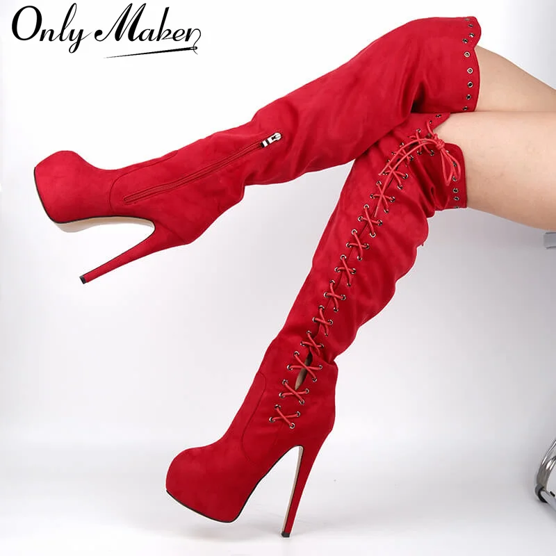 Onlymaker Damen-Overknee-Stiefel mit runder Zehenpartie und Flock-Schnürung, Winter-Oberschenkelstiefel mit seitlichem Reißverschluss