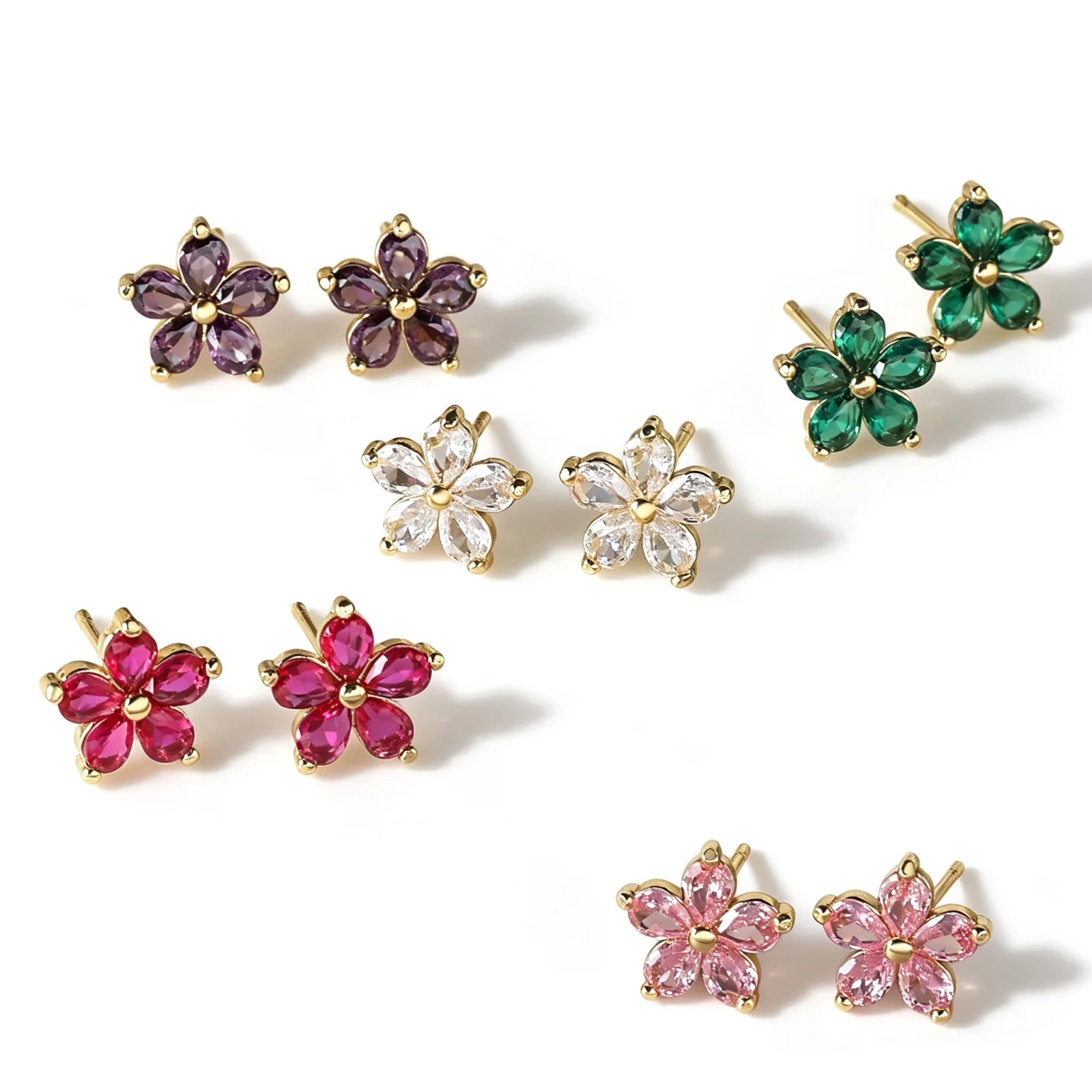1Pair Exquisite Multicolor Cubic Zirconia Flower Ear Post Earrings 18K Gold Plated Brass Floral Stud Earrings For Women Jewelry