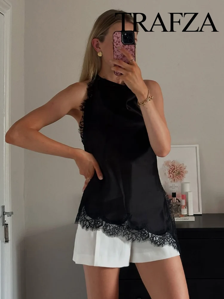 

TRAFZA Women Fashion Versatile Halter Neck Lace Sleeveless Backless Top+Mid-Waist Zipper Silk Satin Textured Hem Slit Skirt Suit