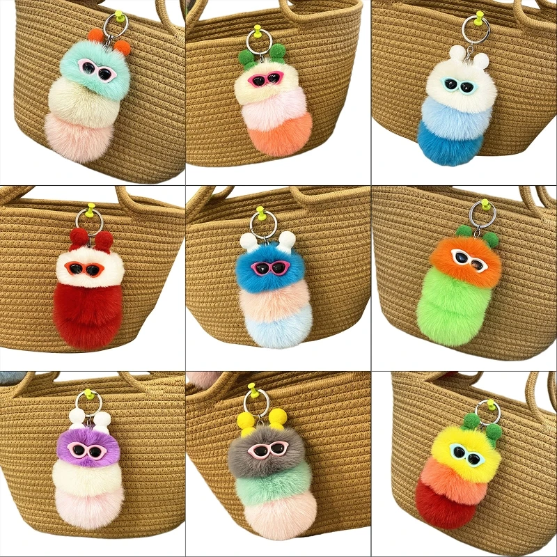 Rabbit Fur Caterpillars Pendant Animal Keychain Toy for Kids&Adults Lovely Gift