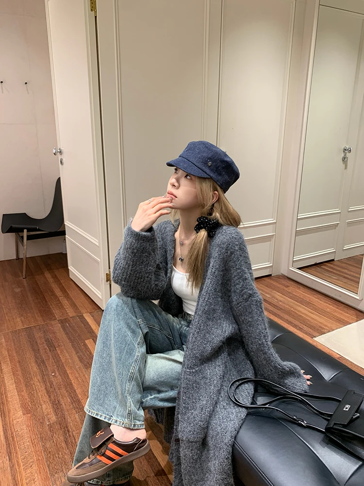 

Lin Chu Women's ey Knitted Sweater Coat Loose Fuzzy Thiened Long Open Cardigan Autumn Winter Warm Fluffy V-ne Long Sl...