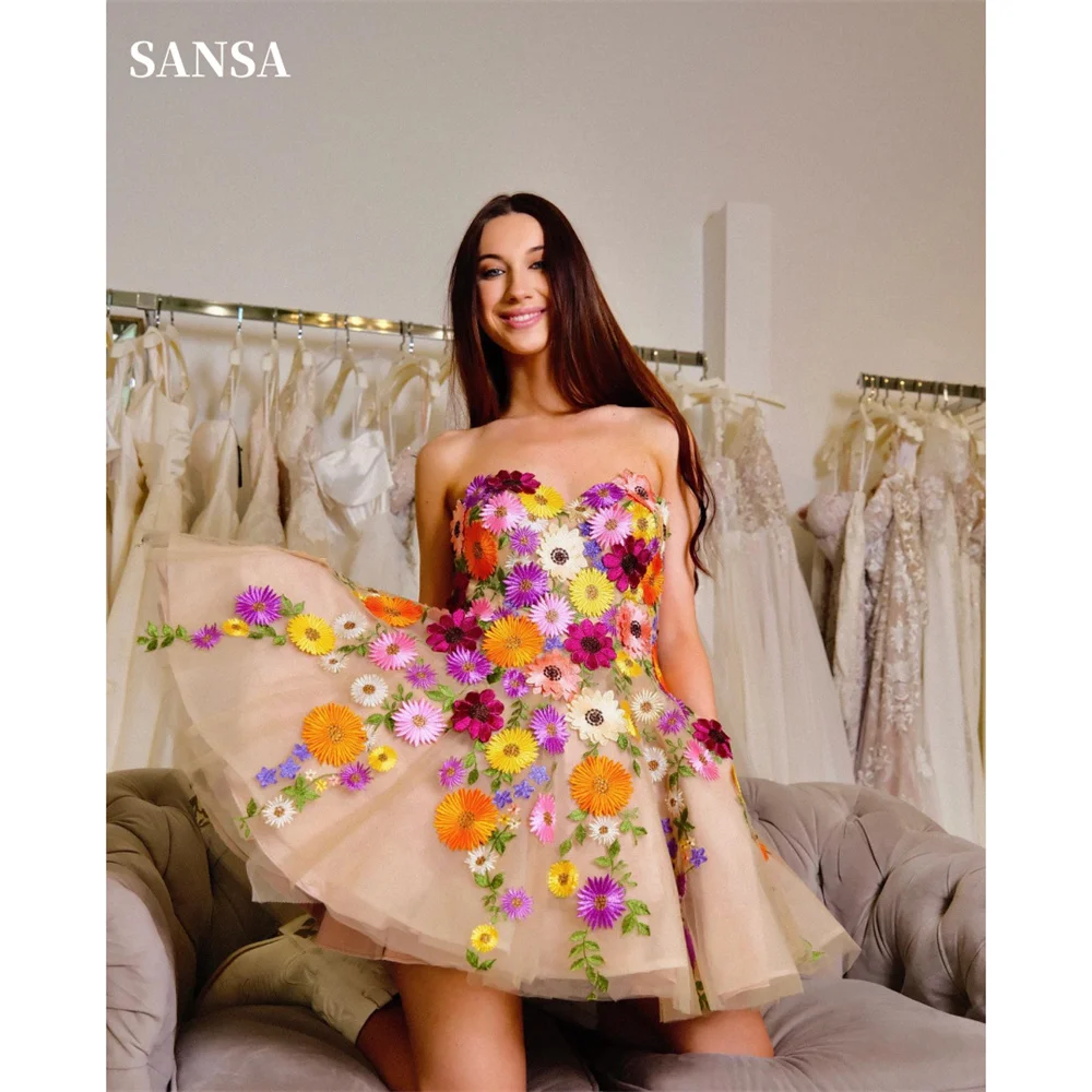 Sansa Off Shoulder Sleeveless Tulle Prom Dress 3D Flower Lace Embroidery Vestidos De Noche Lace-up Back Mini Wedding Dress 2024