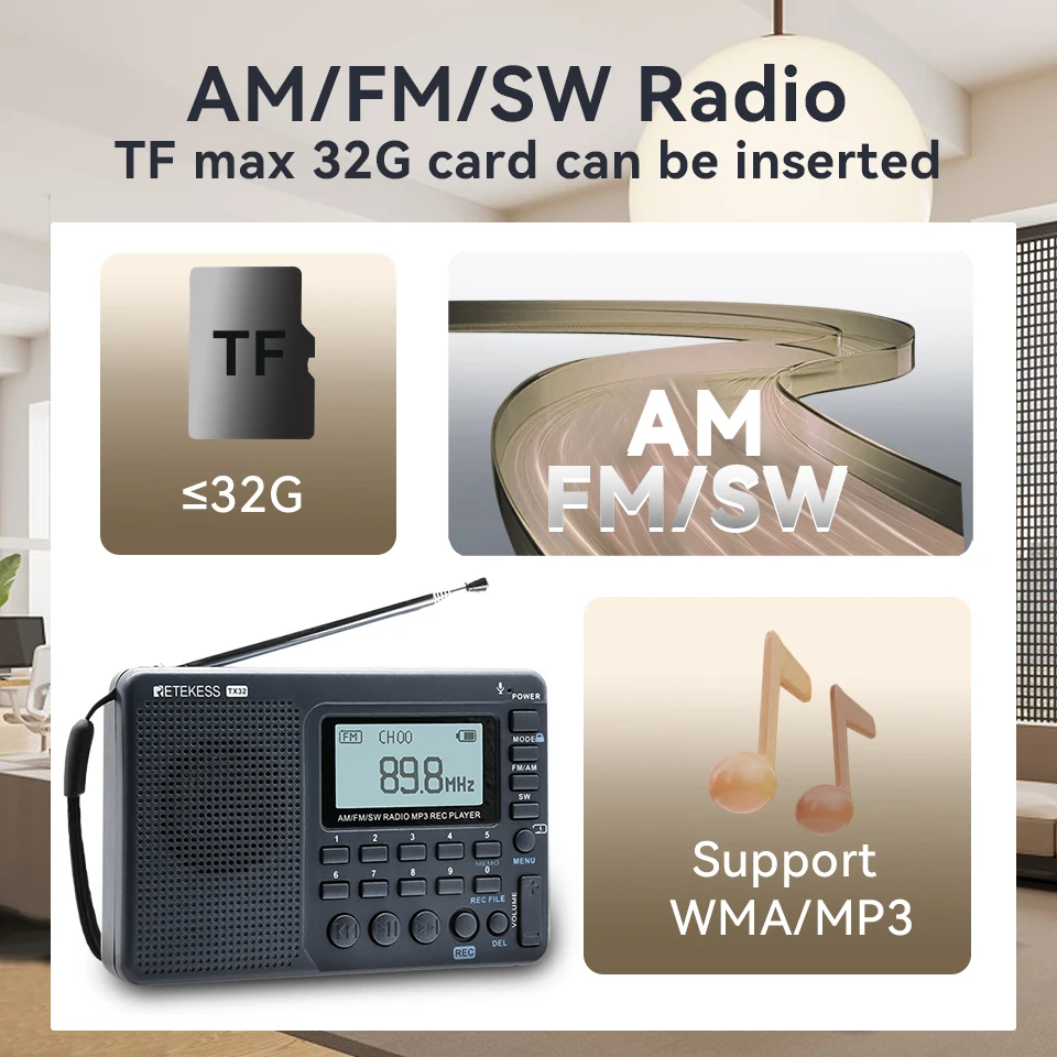 RETEKESS V115 Radio FM AM SW Portable Radios Rechargeable Radio Batteries multiple bands USB Recorder Speaker for Elders TX32