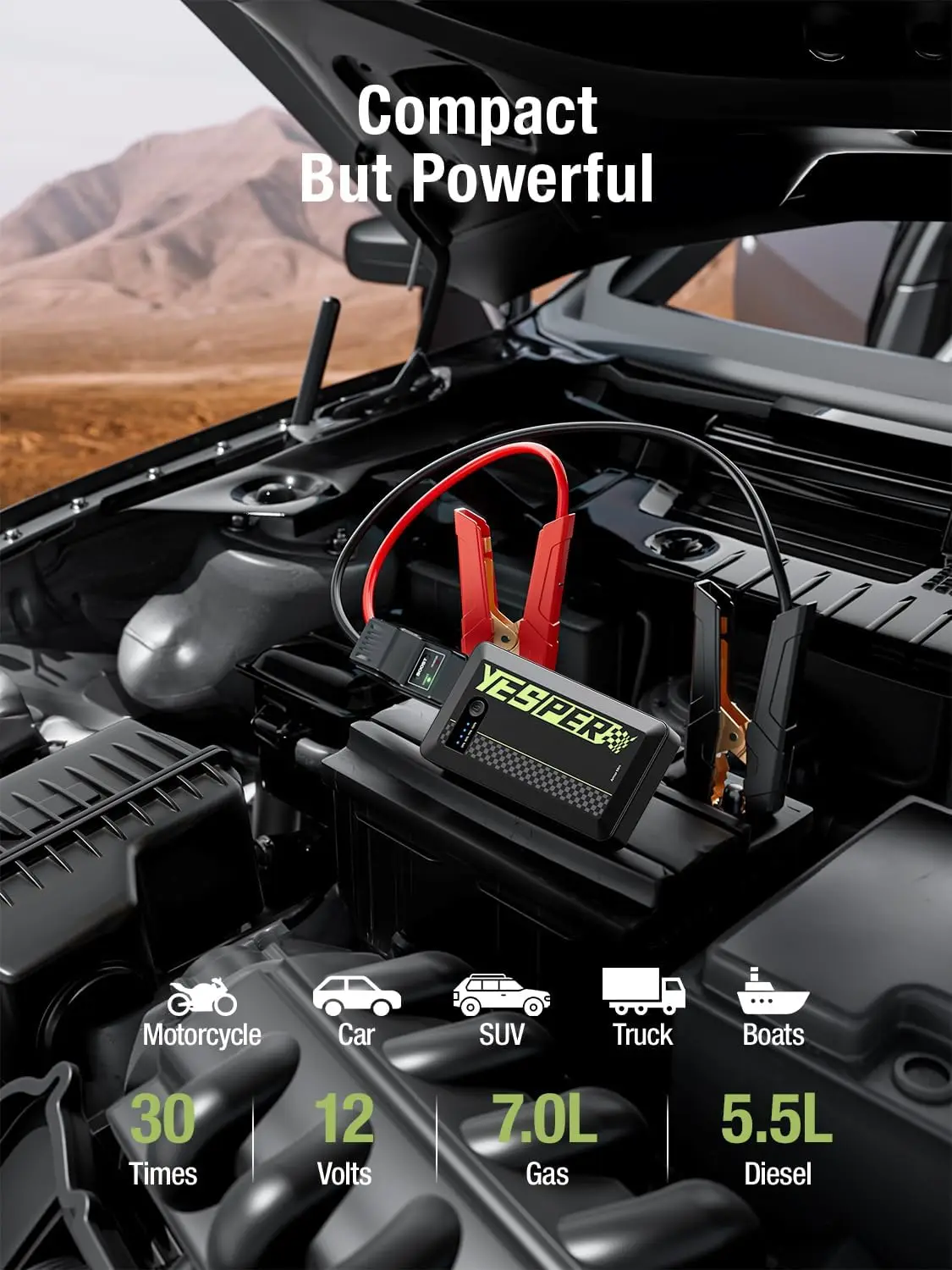 YESPER 1500A Mini Jump Starter with Smart Clamp, 12V Booster for 7L Gas/5.5L Diesel, Emergency Power Bank Function Included