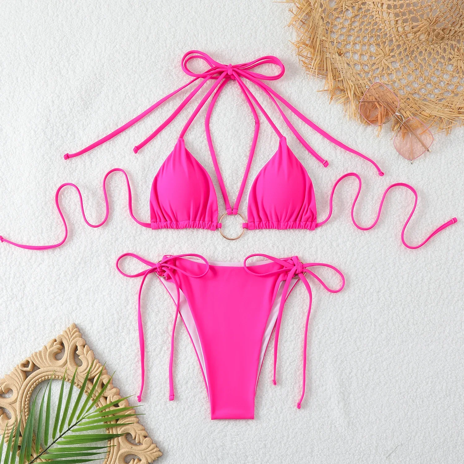 

Solid Color Rose Red 2 Piece Swimsuit for Women,2024 New Low Waist Thong Bikini,sexy Bandage Suspender Backless Swimwear Summer