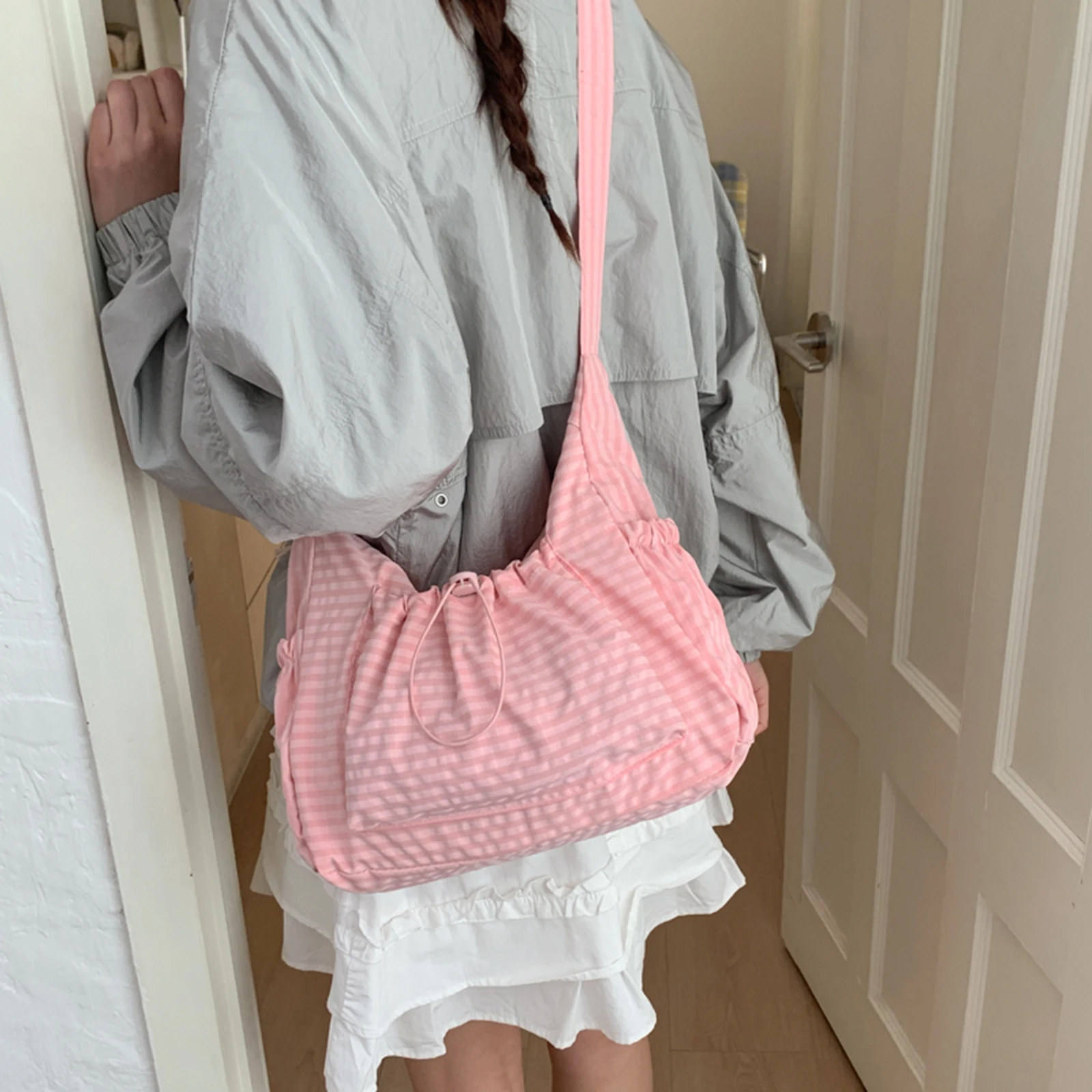 Stilvolle Damen-Umhängetasche aus Nylon mit Kordelzug, vielseitige plissierte Umhängetasche, lässige Umhängetasche für Shopping, Outdoor, Reisen, Date