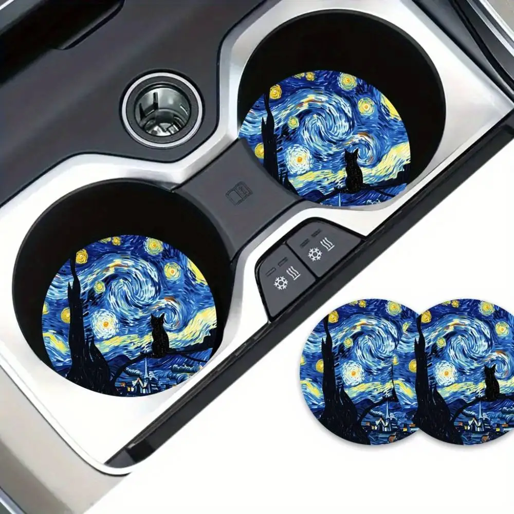 Van Gogh Starry Night EVA Car Cup Holder Coasters 2-Pack 2.75 Inch Universal Fit Vehicle & Home Coasters Art Gift