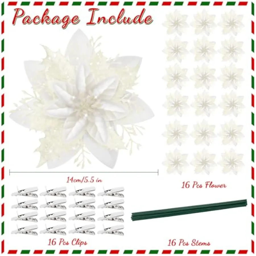 16 قطعة زهرة البونسيتة عيد الميلاد زينة الاصطناعي بريق البونسيتة البيضاء الحلي لشجرة عيد الميلاد إكليل حفل زفاف دي