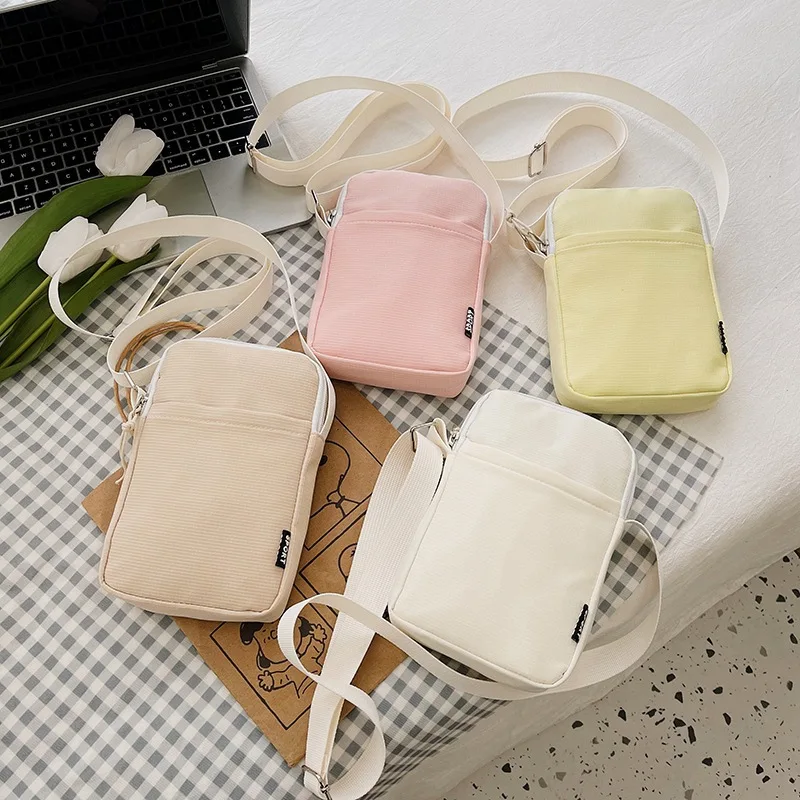 

Simple Trendy Macaron Solid Color Shoulder Crossbody Canvas Bag Versatile Fashion Zero Wallet Samll Square Phone Bags for Girls