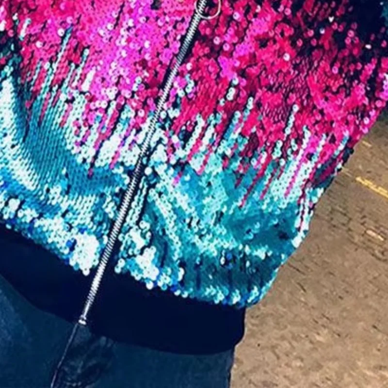 

Hip Hop Sequined Loose Night Club Gradient Jacket Female Spring And Autumn Round Neck Outerwear Long Sleeved Coats