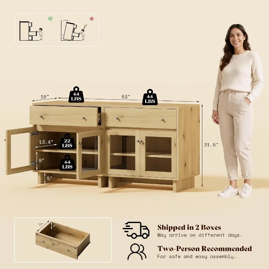 Mid Century Modern TV stand for 65 TVs, oak wood, warm brown finish, spacious drawers and tempered glass shelves