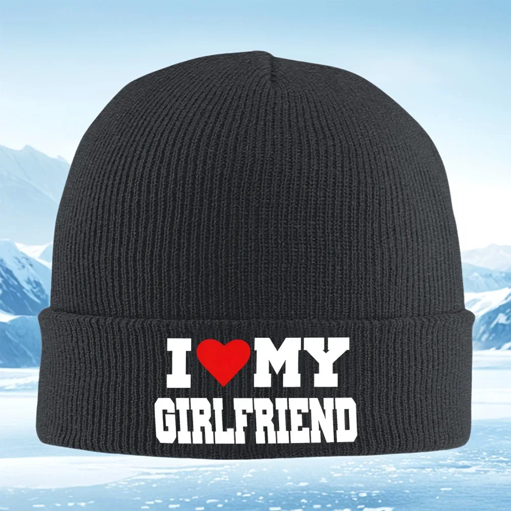 2026 I heart my girlfriend,black background. Men Women Unisex Knitted Hat Beanie Pullover Cap Winter Thermal Warm Christmas Outd