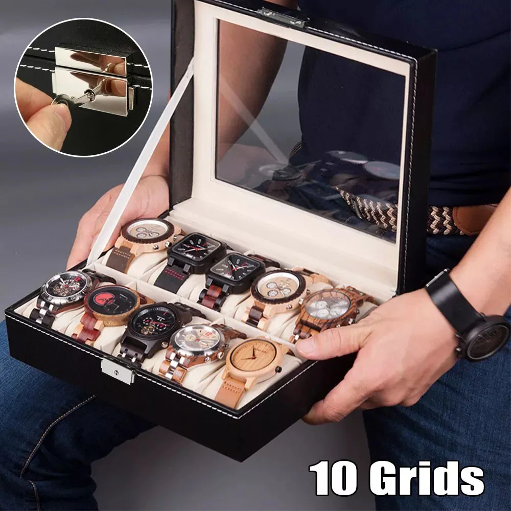 10 Grids Watch Box Luxury PU Leather Display Case Organizer Top Glass Jewelry Collection Storage Holder Box Black