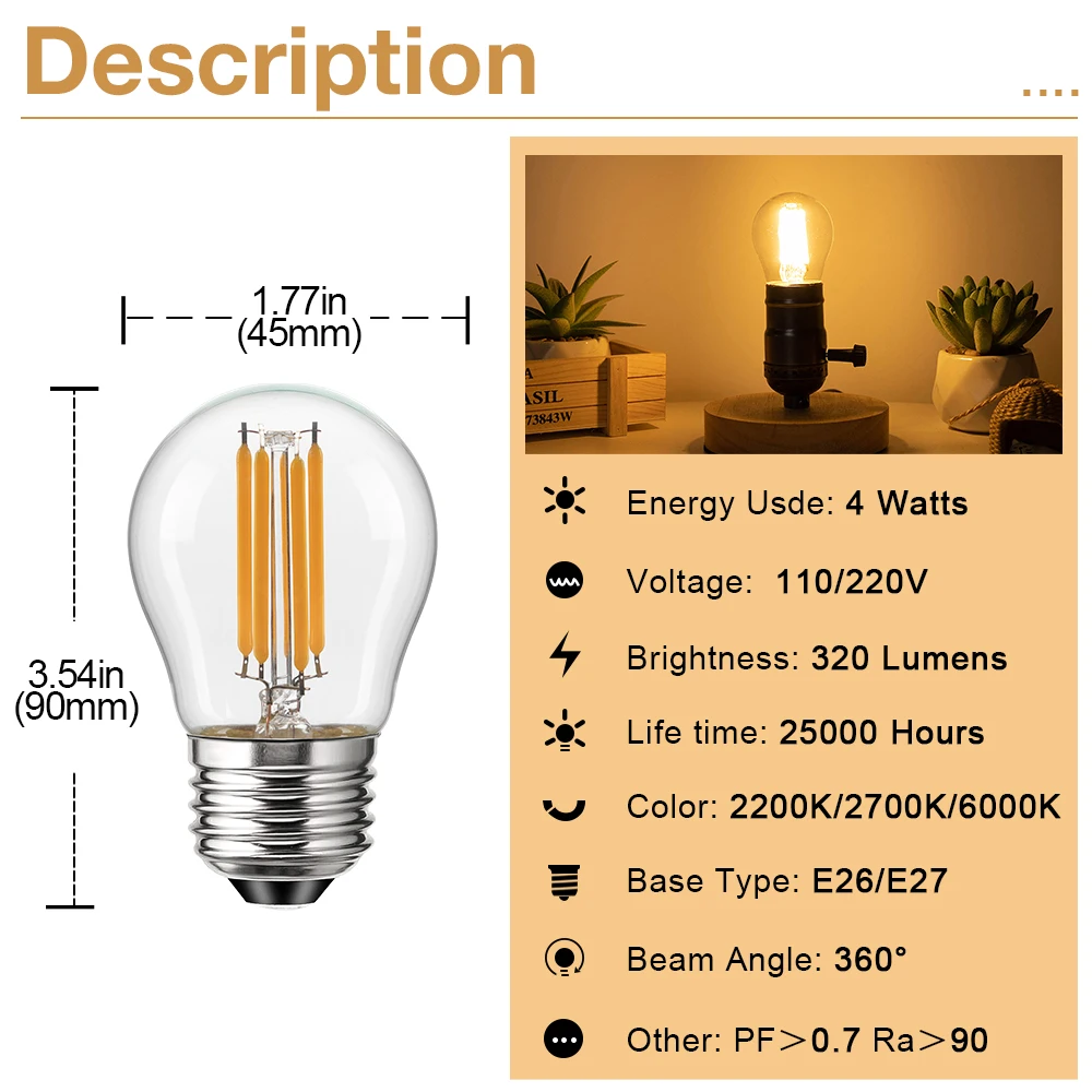 G45 Globe LED Light Bulb E26 E27 Base Edison Filament Ball Lamp 220V 110V 4W Mini Vintage String Light Replacement Bulbs