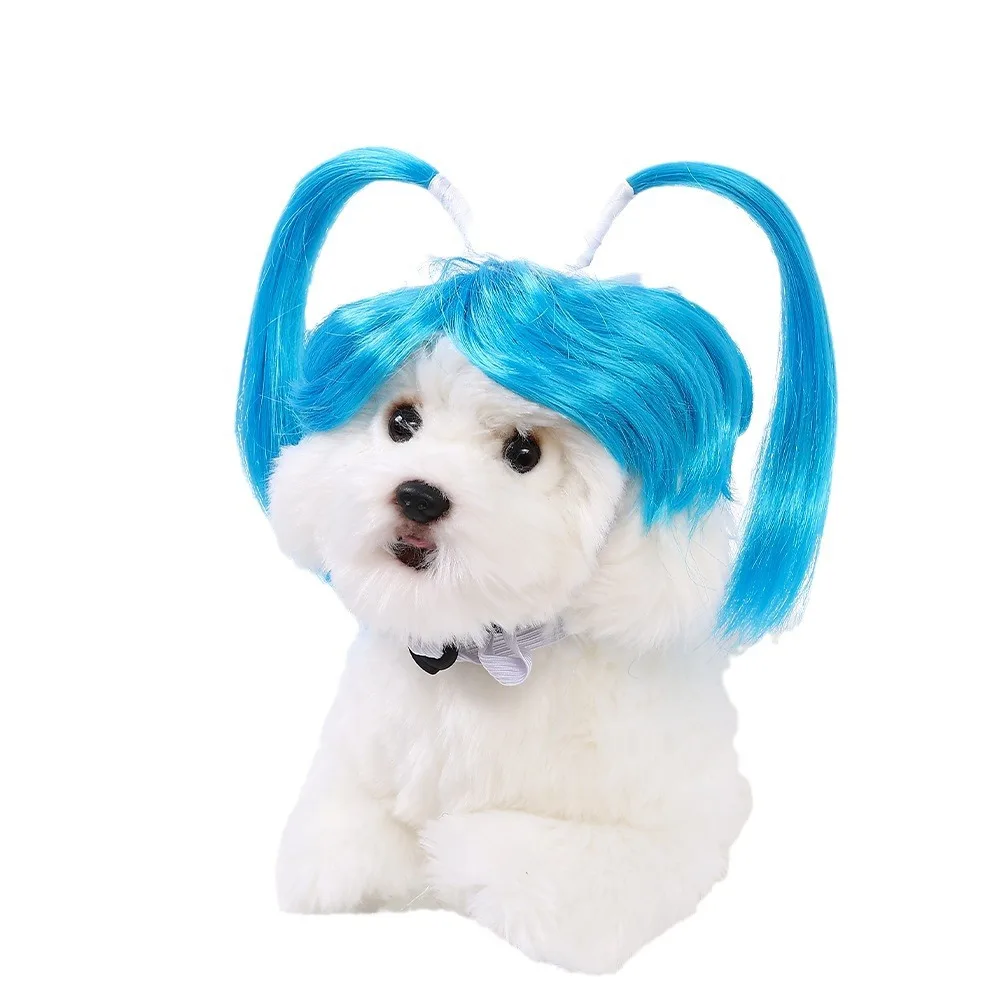 New pet blue wig cat and dog pet supplies Halloween pet accessories straight hair double ponytail wig