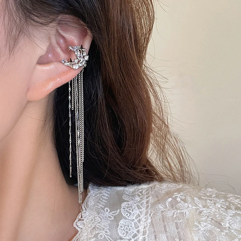 Fashion Shiny Zircon Moon Star Long Tassel Ear Clip No Piercing Earring Trendy Design Luxury Female Ear Cuff Party Jewelry