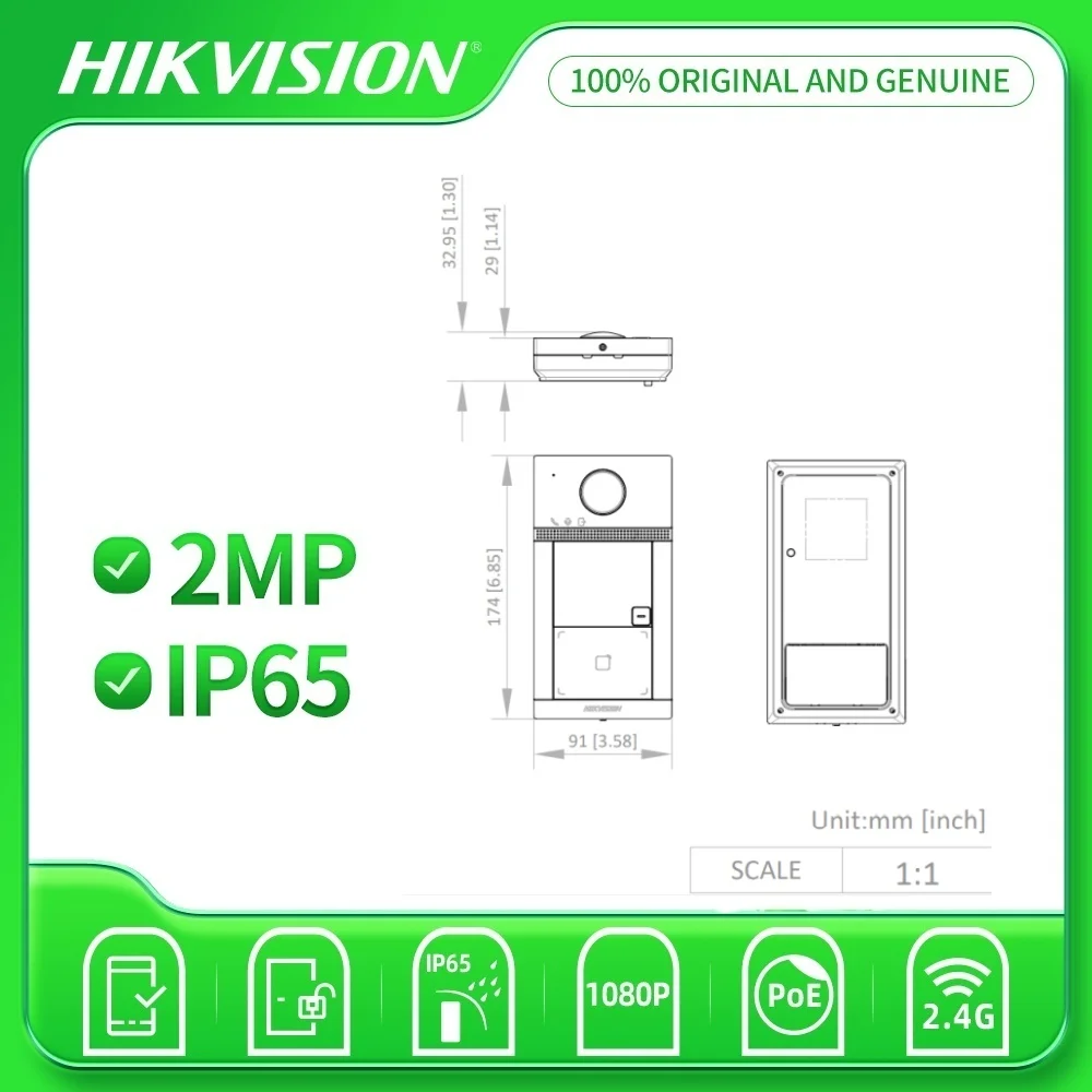 Hikvision DS-KV8113-WME1(C) 1-przyciskowa metalowa stacja drzwiowa do willi Kamera 2 MP z wbudowanym modułem czytnika kart na podczerwień PoE IK08 i IP65