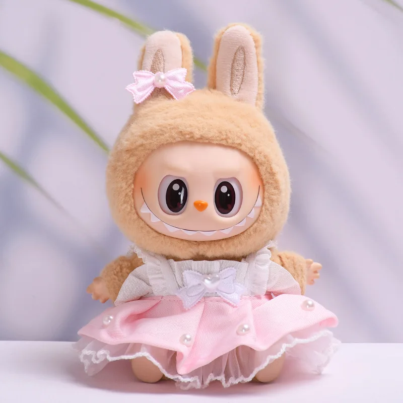 Mini Ropa para muñecas, accesorios para Ropa Labubu de 15-17cm y Sudadera con capucha de algodón de 10cm, falda de hilo rosa, Ropa sin muñeca