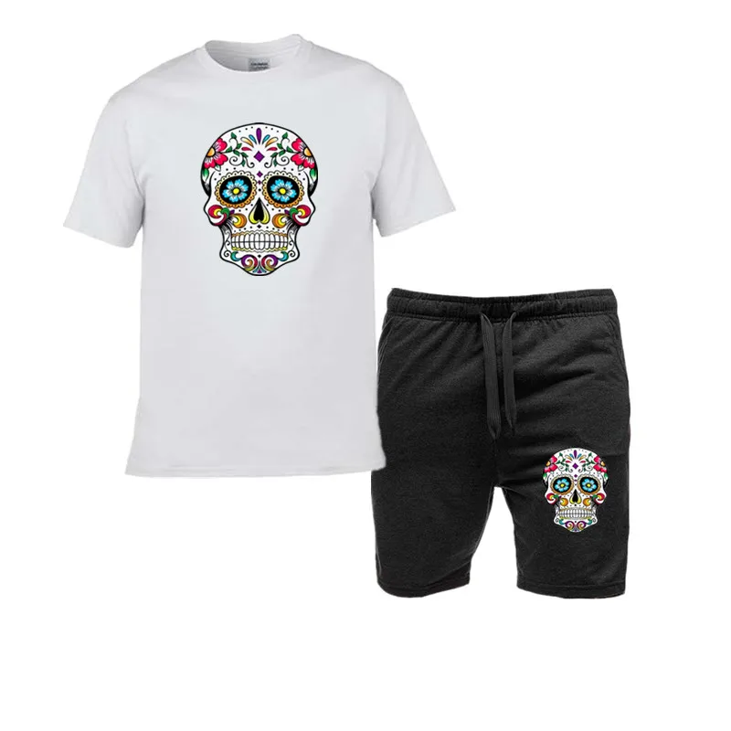 

Men's high-quality 100% cotton street style loose and cool skull print summer men's T-shirt+shorts casual men's set