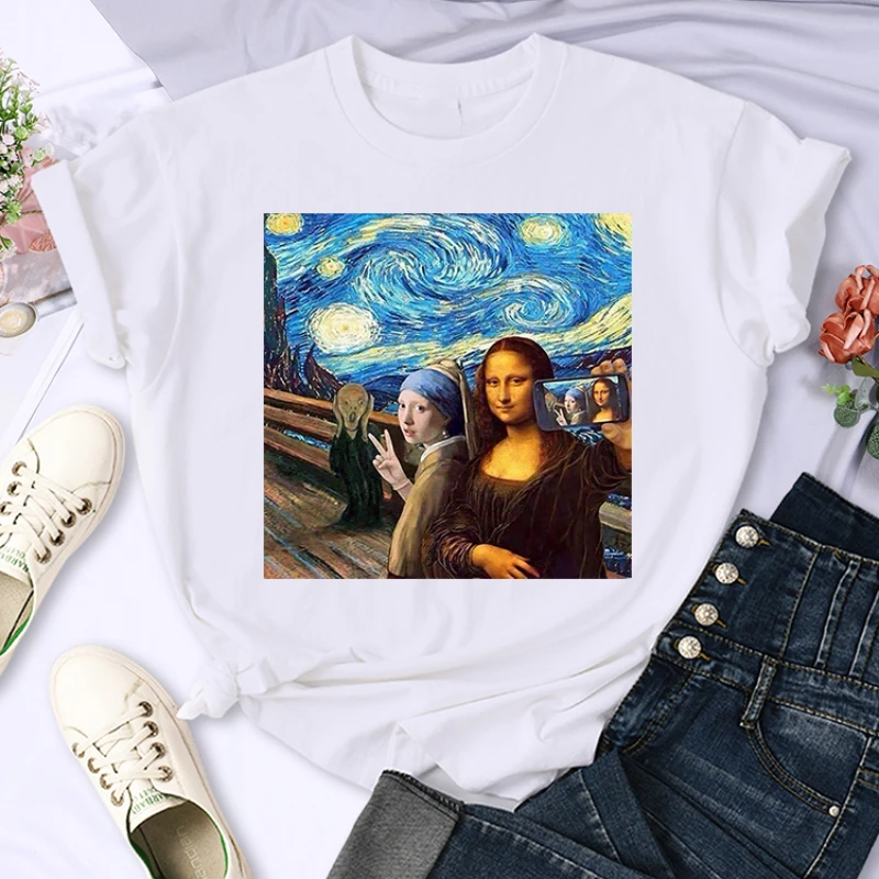 Picture of Me and Mona Lisa Print T-Shirt Fashion Women Tshirt Women'S Summer Casual Tshirts Funny Humor Style Women Tops