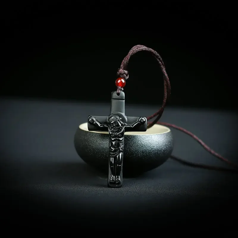 

Natural Hand Carved Obsidian Cross Jade Pendant Jewelry Necklace Natural Ice Men and Women Fashion Simple Jewelry Gifts