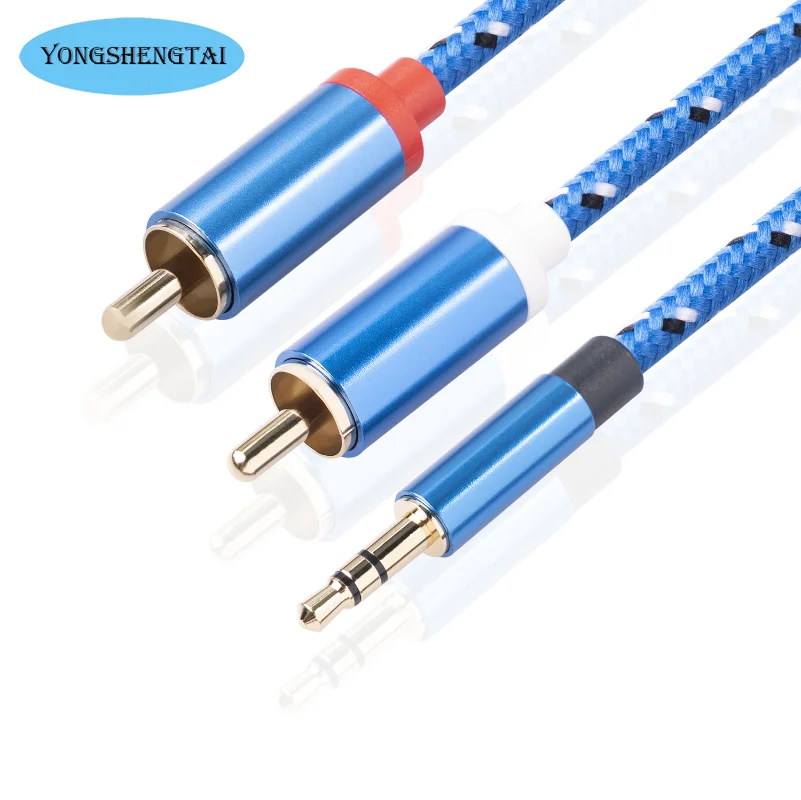 

New Blue Aluminum Shell Gold-plated 3.5 To 2RCA Mobile Phone Power Amplifier Speaker Lotus Head Audio Cable