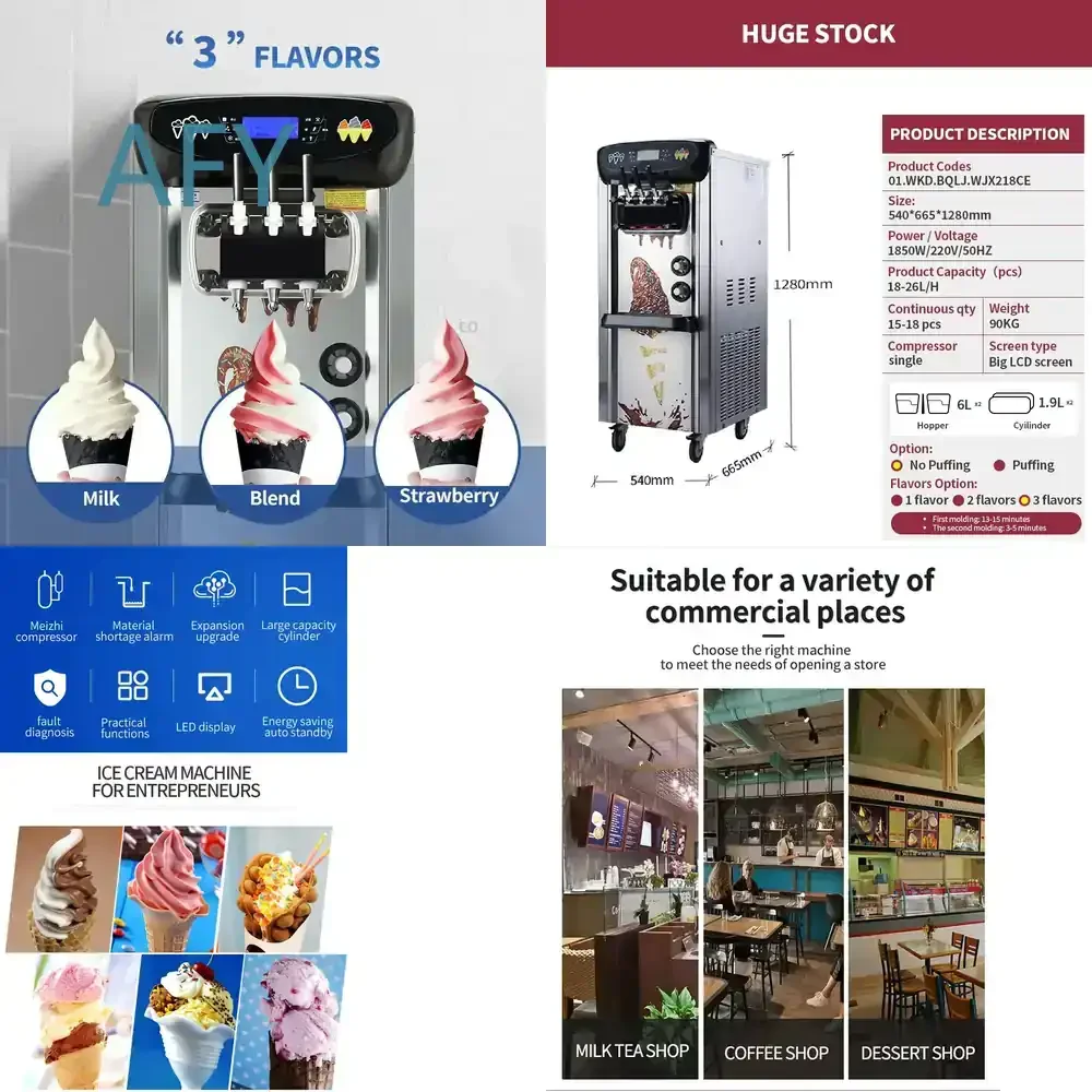 Ice Cream Machine Maker 3 Flavor Soft Serve Commercial Ice Cream Machine for Commercial Use for Ice Cream Shop for Frozen