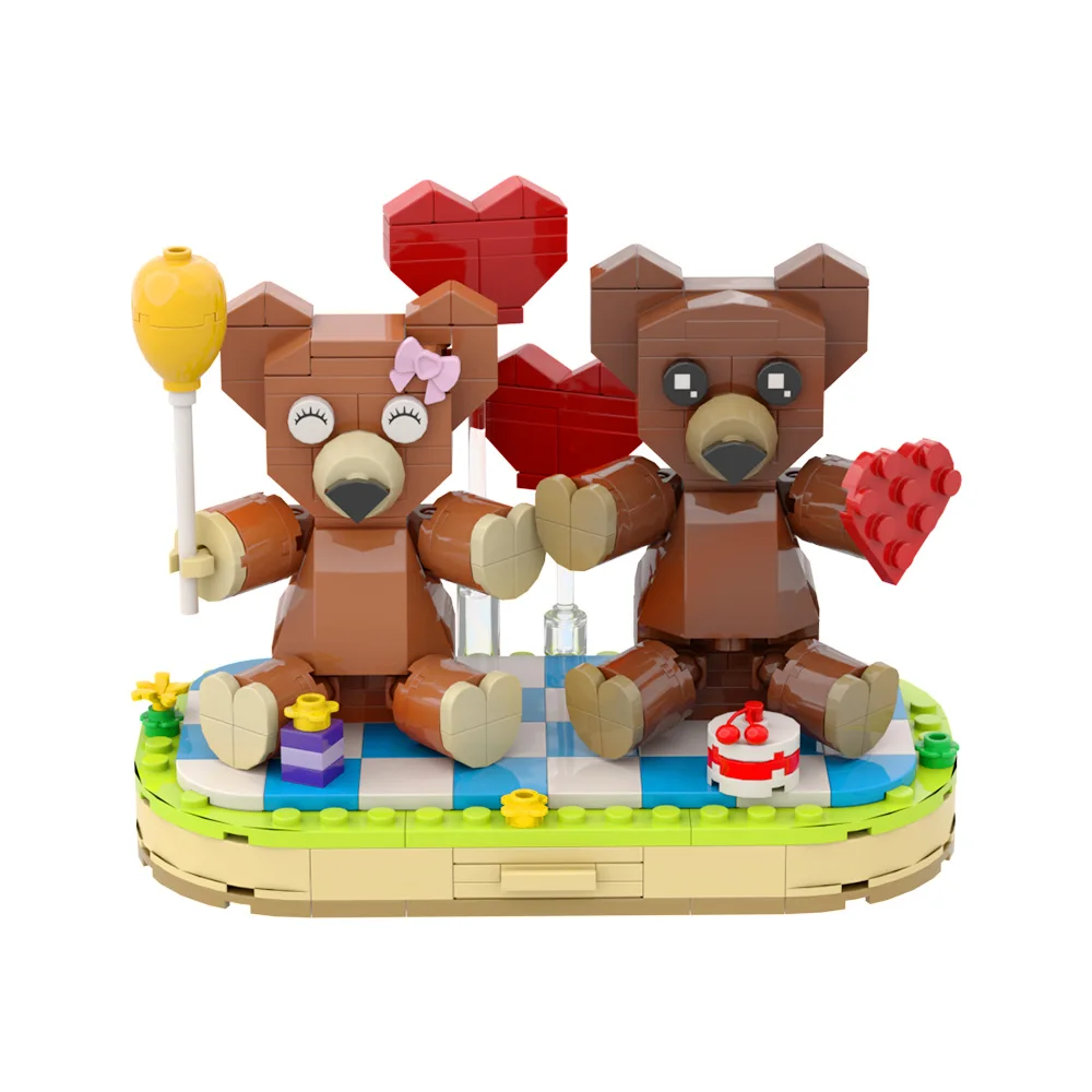 Gobricks MOC Valentine's Day Couple Bear Building Blocks Model Valentine's Day Girl Gifts Bricks DIY Assembly Toys Birthday Gift