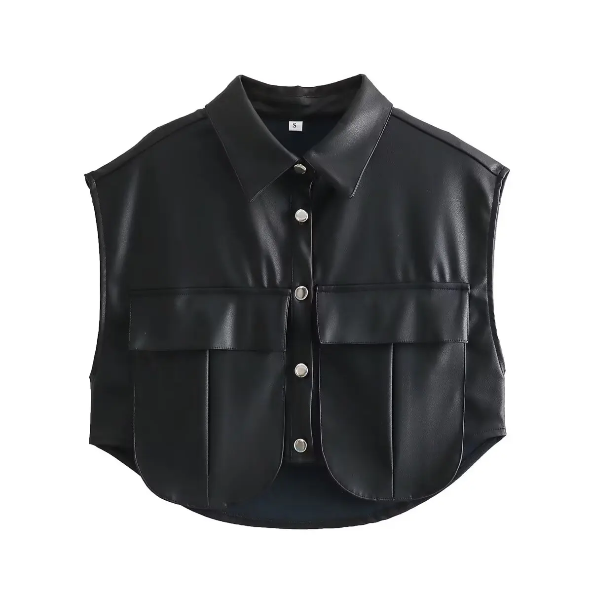 

TRAFZA Summer Short Vest Black Sleeveless Single Breasted Pocket Decoration Cardigan Leather Chic Vests Women Street Mujer TRAF