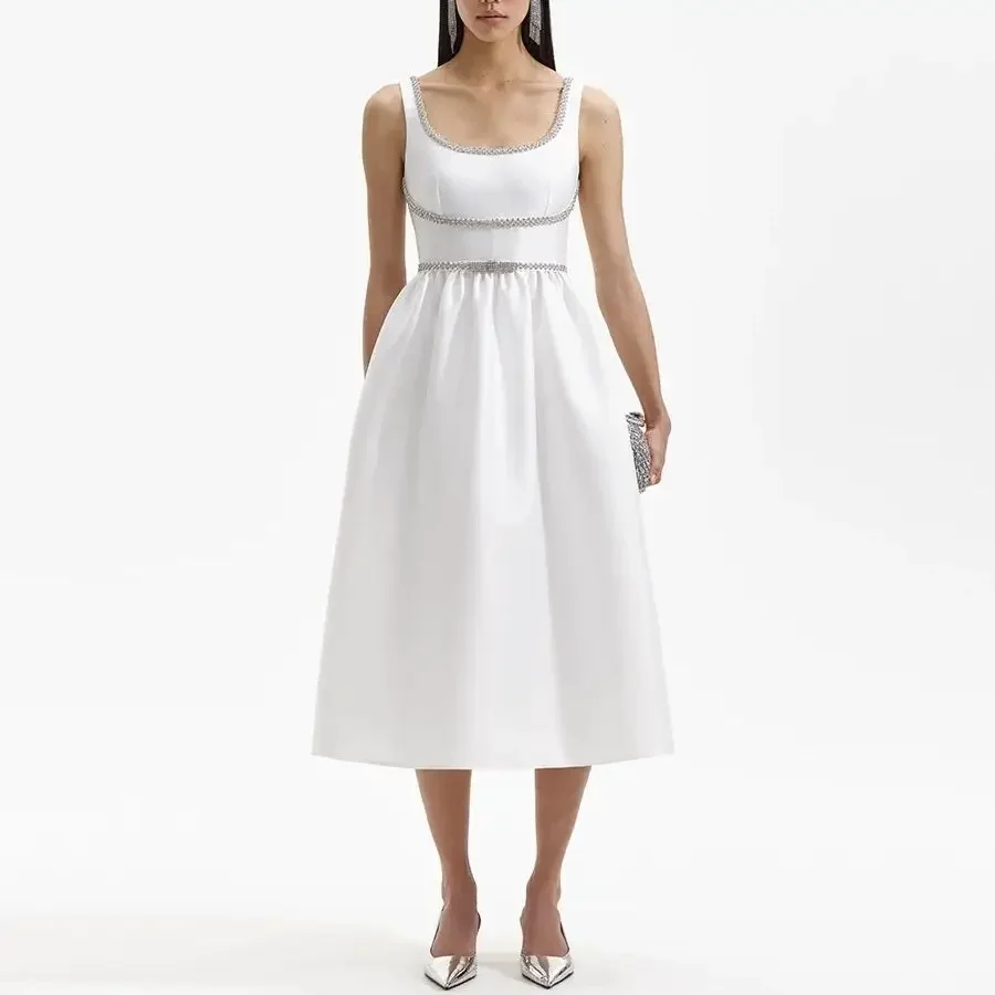 Vestido de suspensão branco feminino, temperamento, strass, patchwork, cintura arco, branco puro