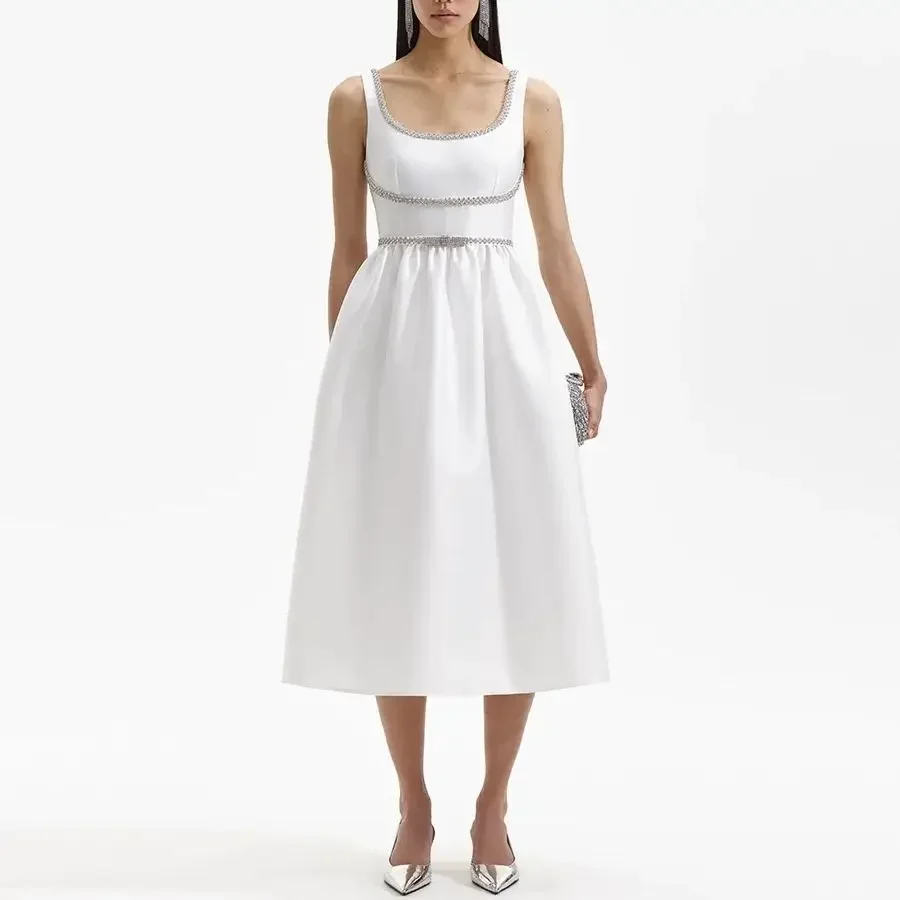 Women white suspender midi dress temperament rhinestone patchwork pure white bow waist dress